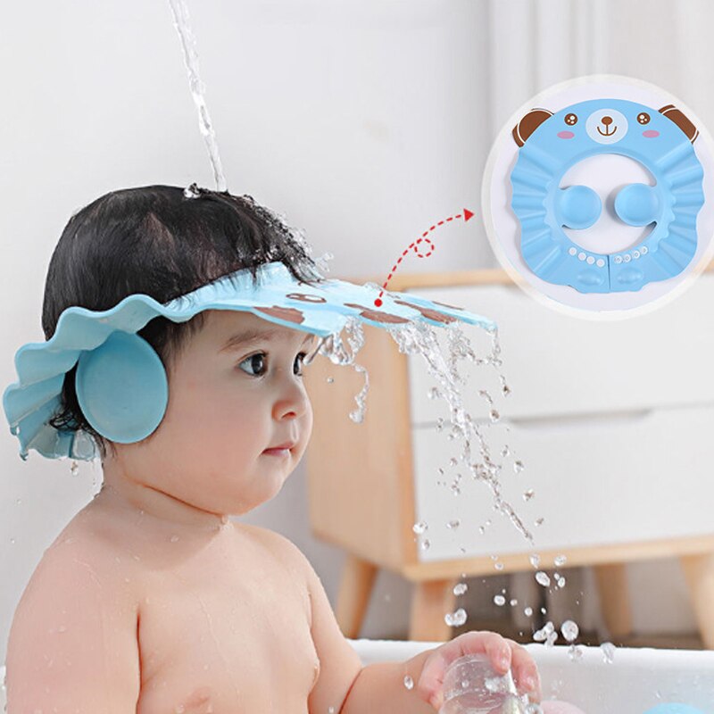 Cute Cartoon Baby Shower Cap Newborn Adjustable Hair Wash Hat Infant Ear Protection Safe Kids Shampoo Shield Bath Head Cover 1pc