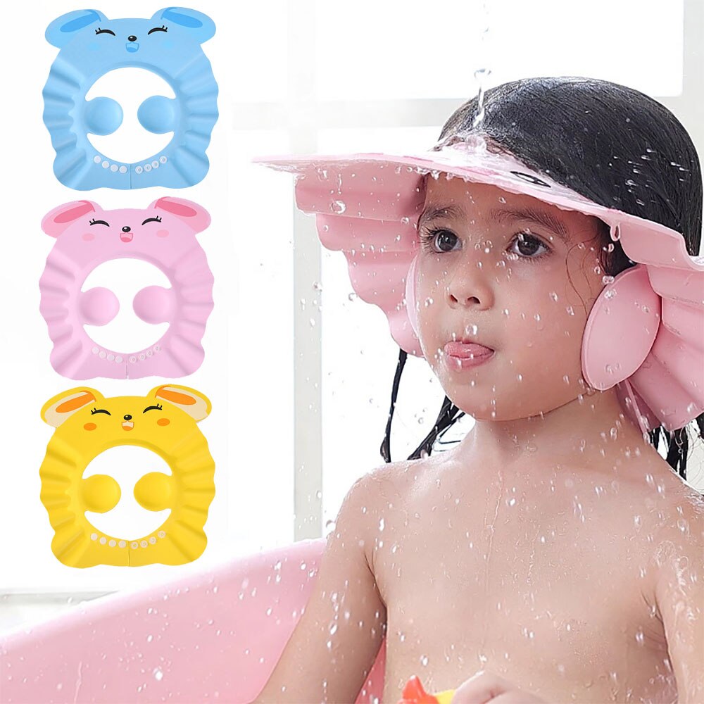 Cute Cartoon Baby Shower Cap Newborn Adjustable Hair Wash Hat Infant Ear Protection Safe Kids Shampoo Shield Bath Head Cover 1pc